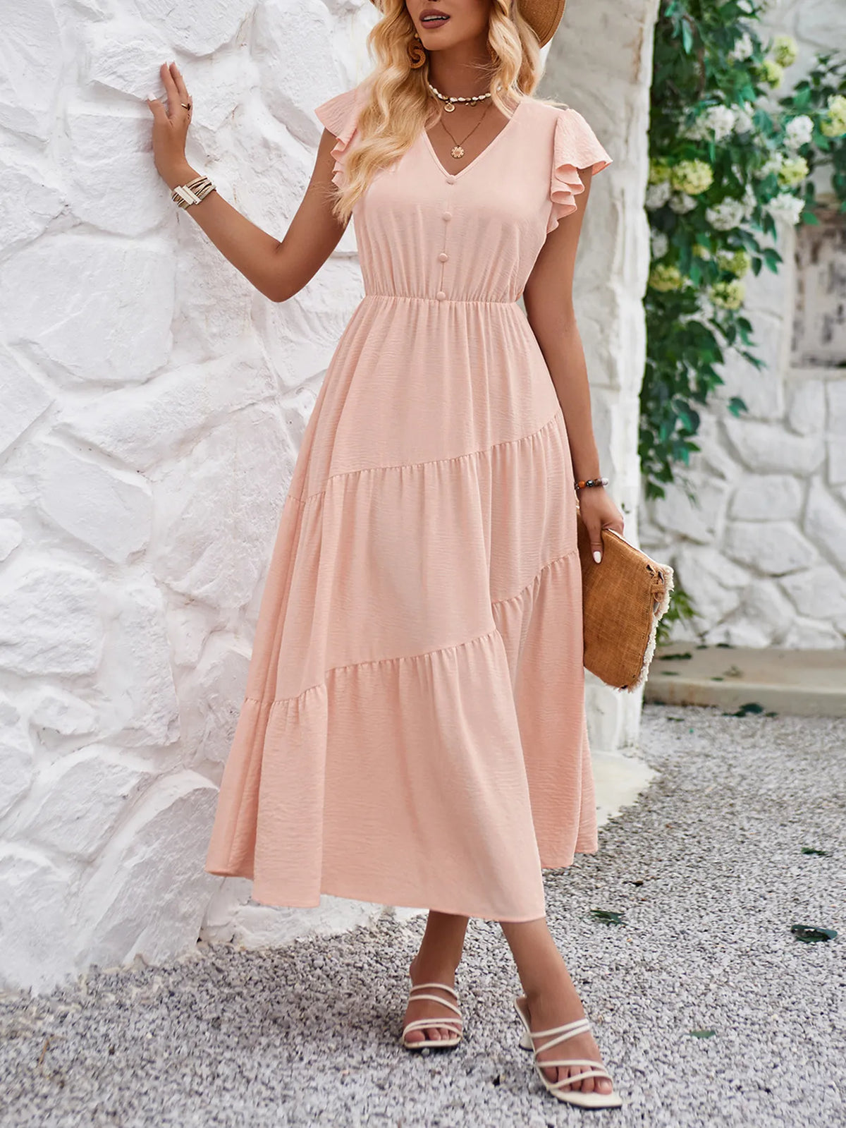 V-Neck Ruffle Sleeve Dress by Golden Gueen