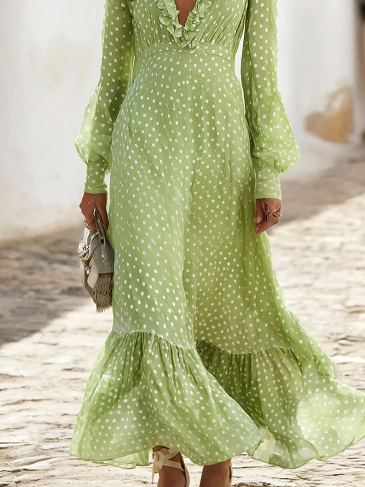 Polka Dot Ruffle V-Neck Maxi Dress