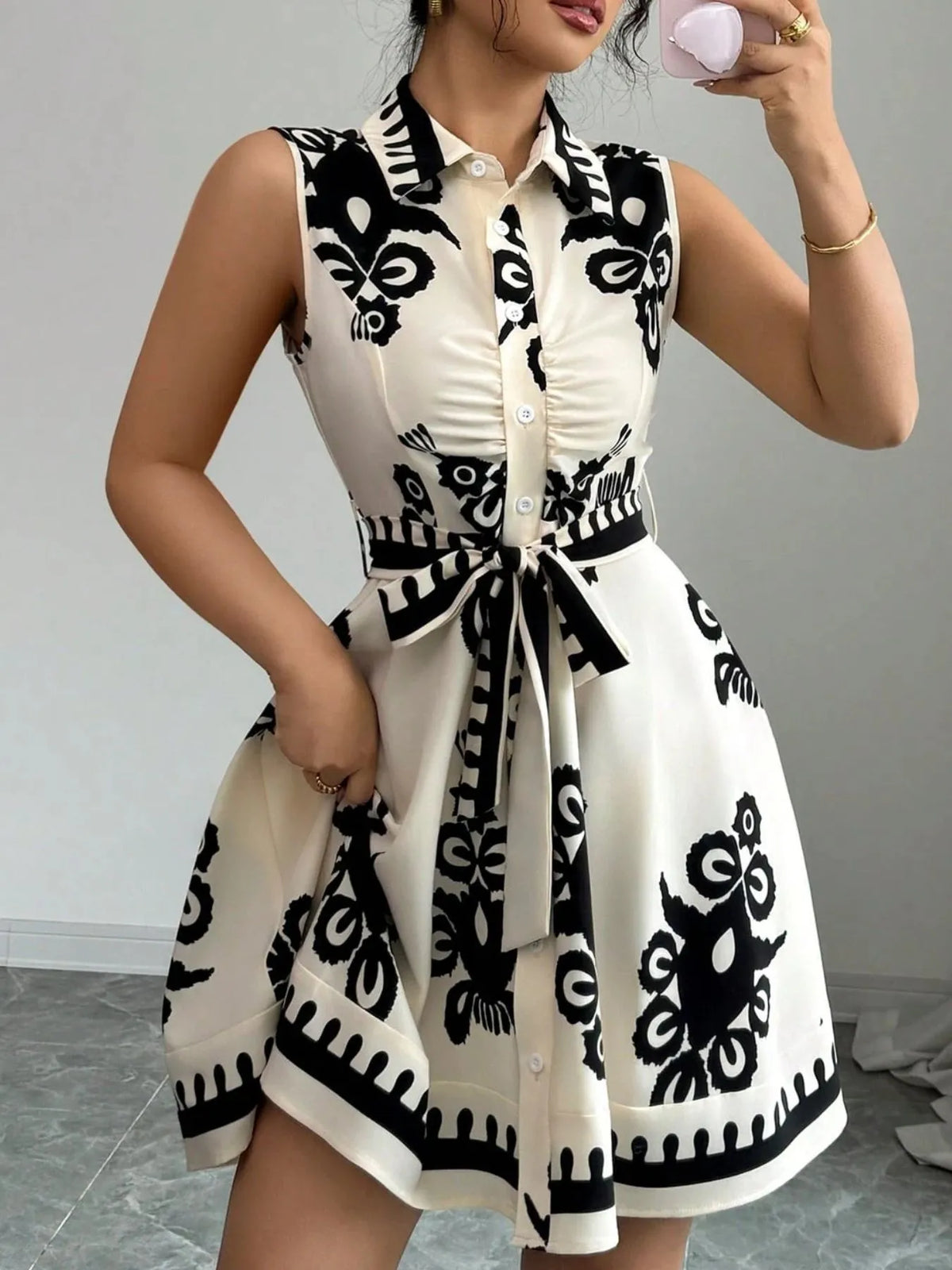 Printed Sleeveless Tie-Waist Mini Dress