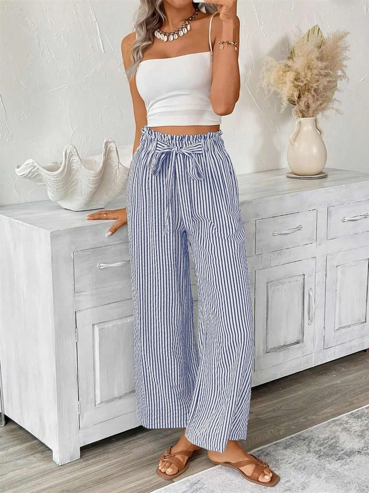 Striped Wide Leg Paper Bag Pants