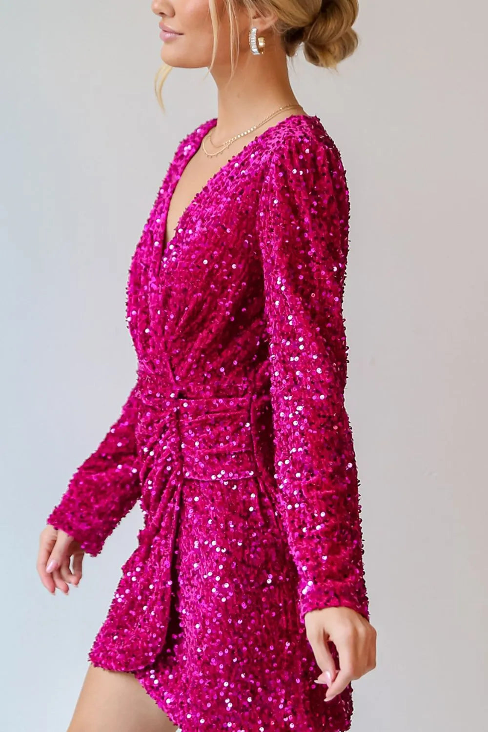 Sequin Surplice Mini Dress in Deep Rose