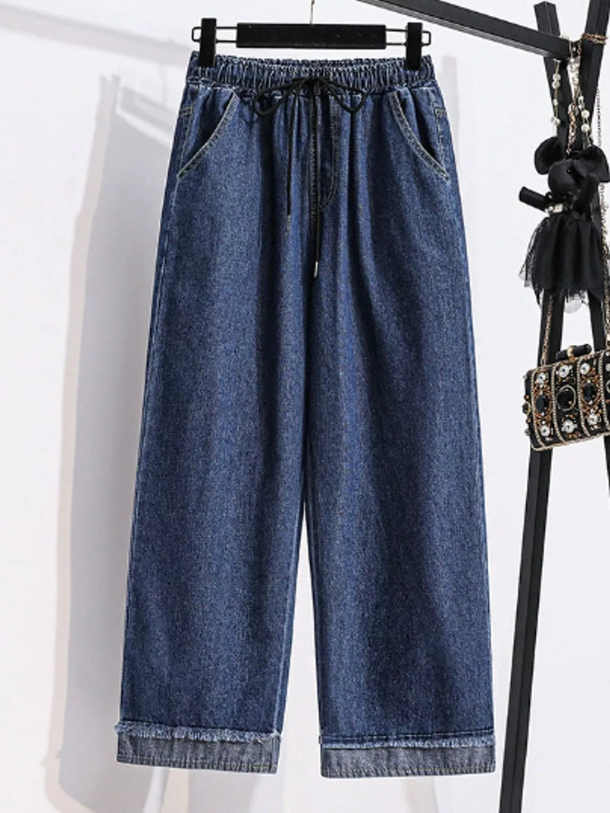 High-Waisted Drawstring Wide-Leg Jeans with Raw Hem