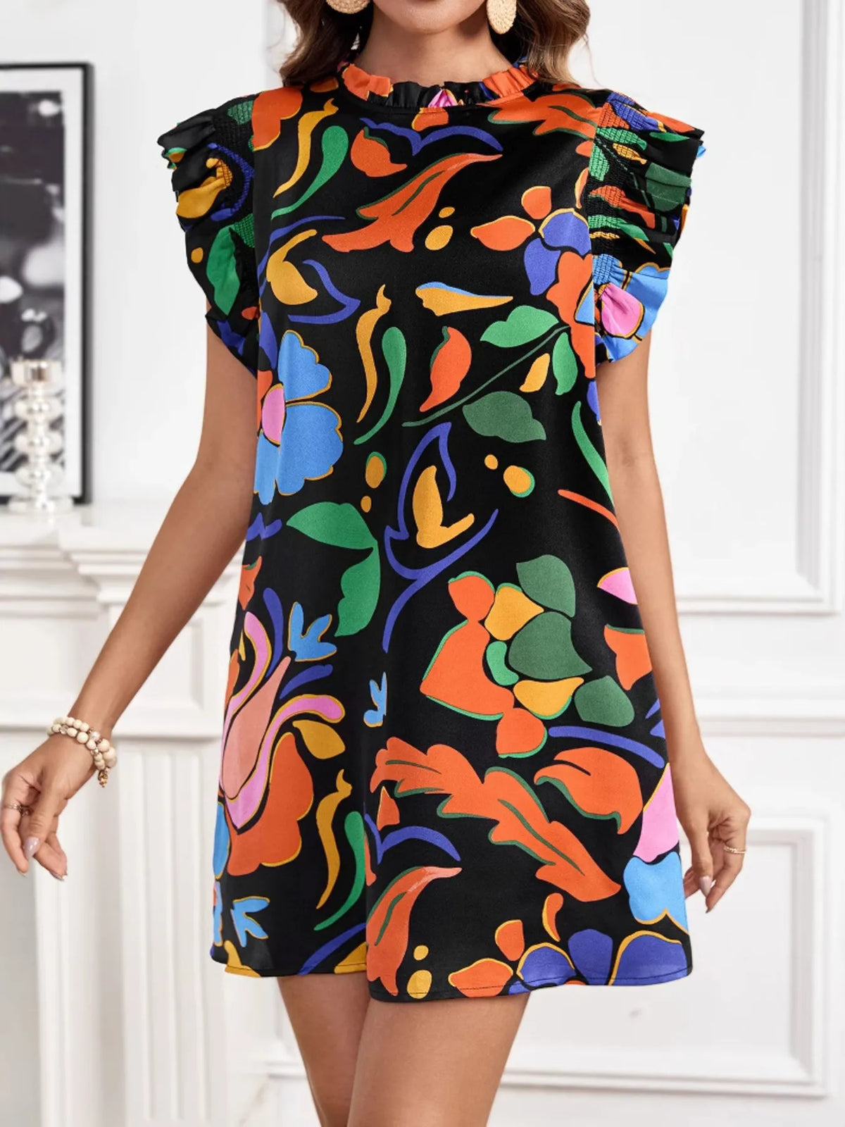 Printed Ruffle-Sleeve Mini Dress in Black