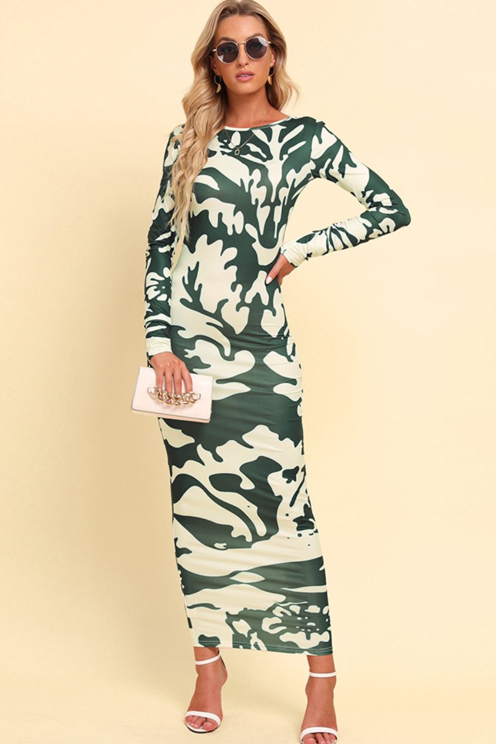 Backless Long Sleeve Maxi Dress in Green Camouflage