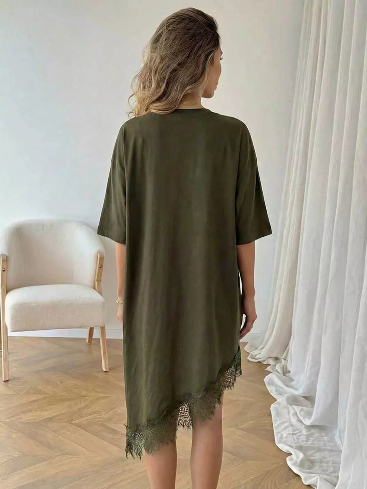 Asymmetrical Hem T-Shirt Dress with Lace Trim