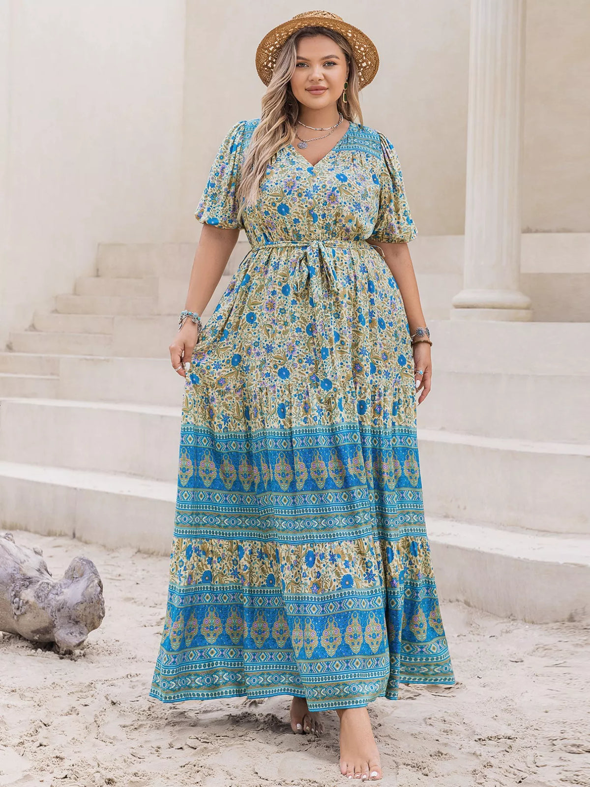 V-Neck Floral Print Maxi Dress in Sky Blue