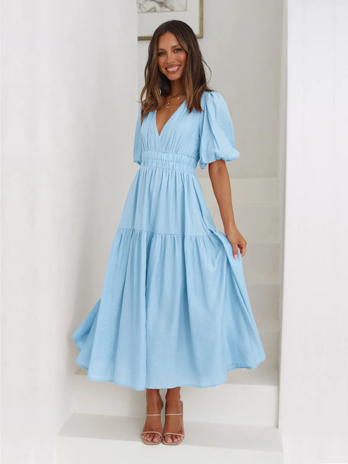 Surplice Half Puff Sleeve Midi Dress