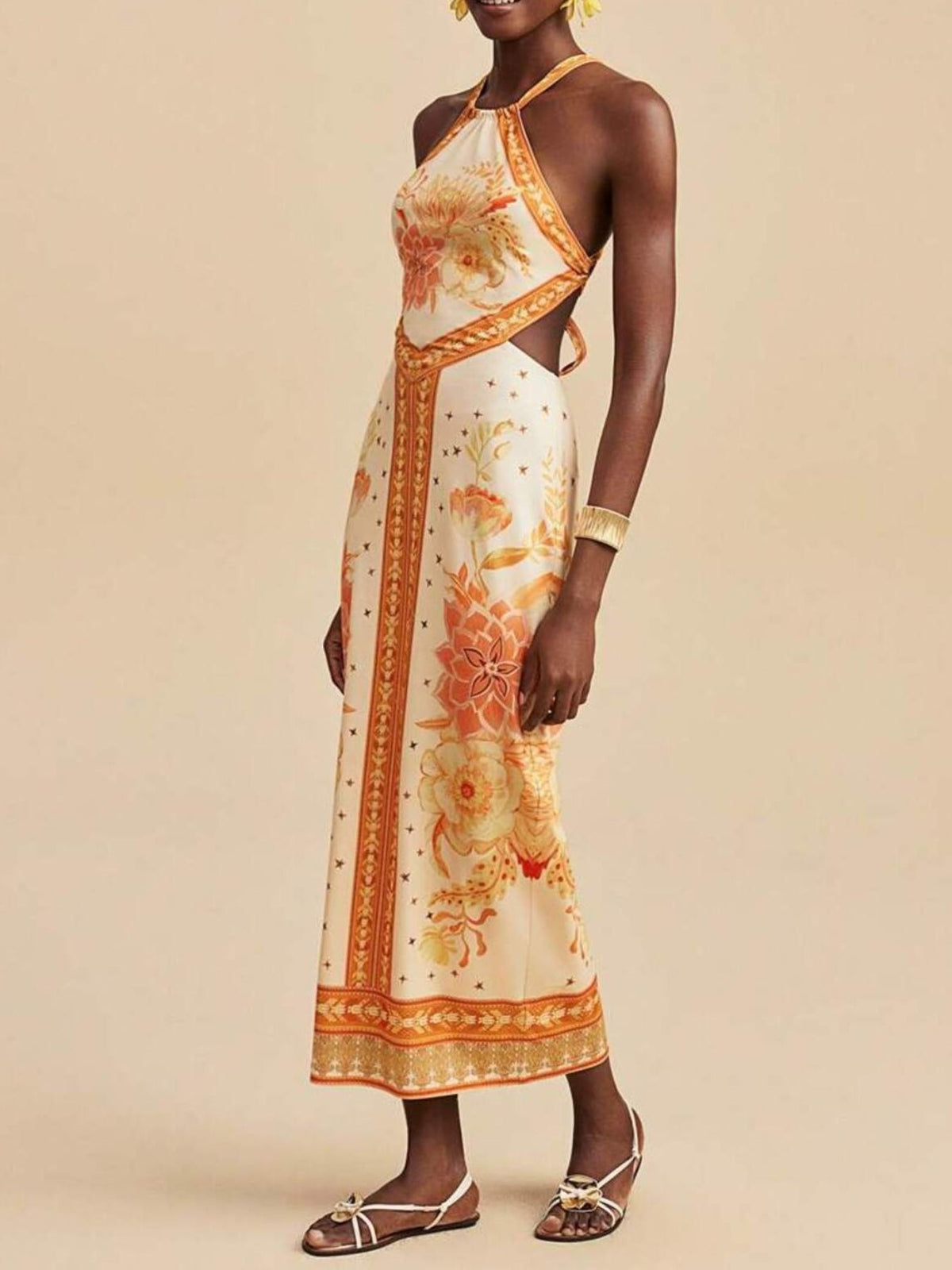 Floral Print Halter Neck Maxi Dress in Yellow