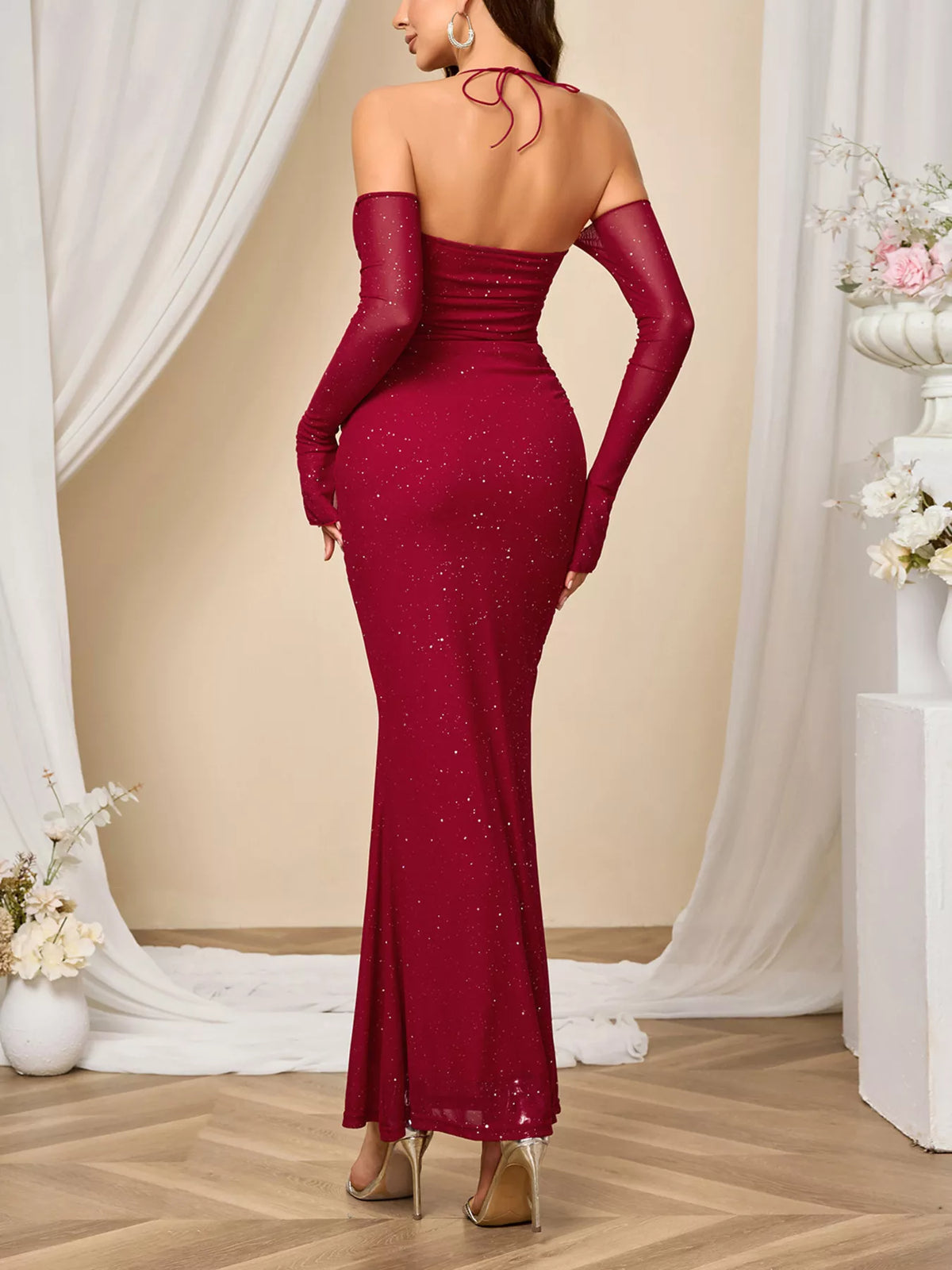 Glitter Sweetheart Neck Maxi Dress in Wine Red
