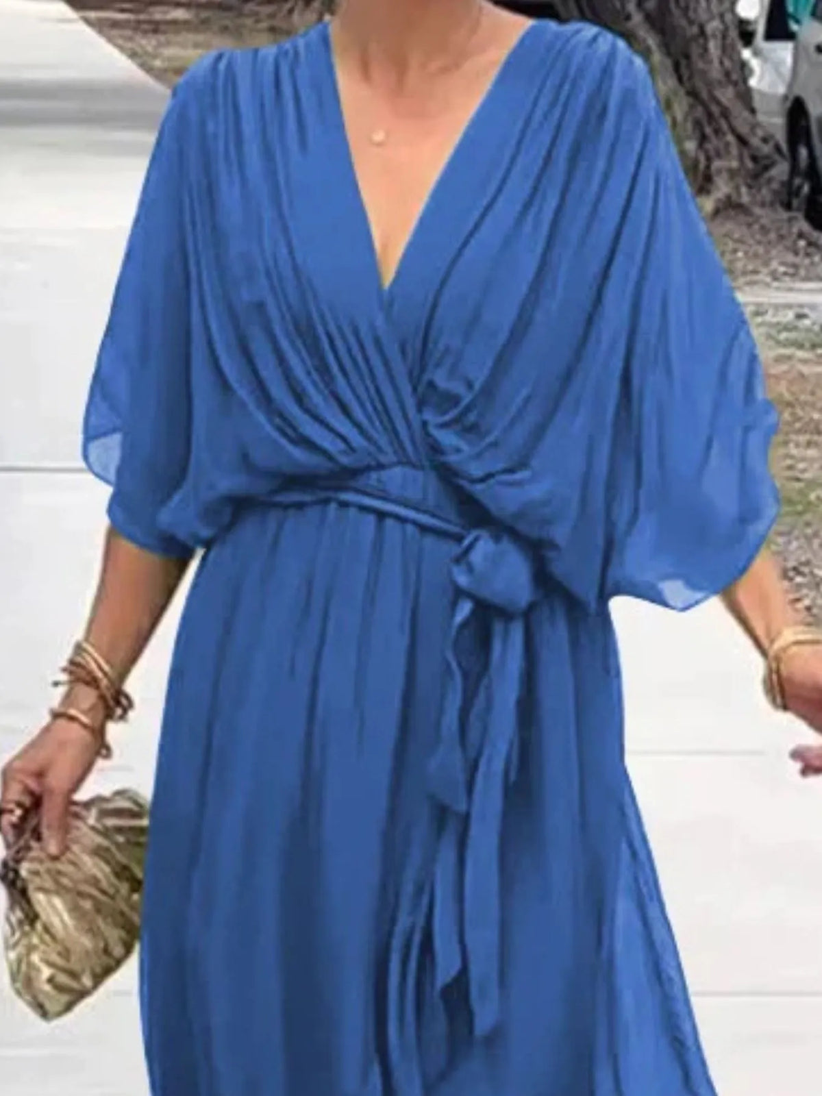 Flowy Tie-Front Midi Dress with Flutter Sleeves