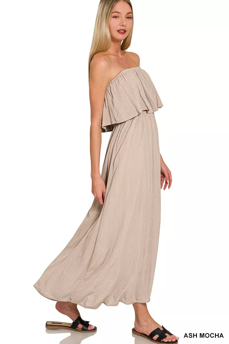 Zenana Woven Crinkle Strapless Maxi Dress in Ash Mocha
