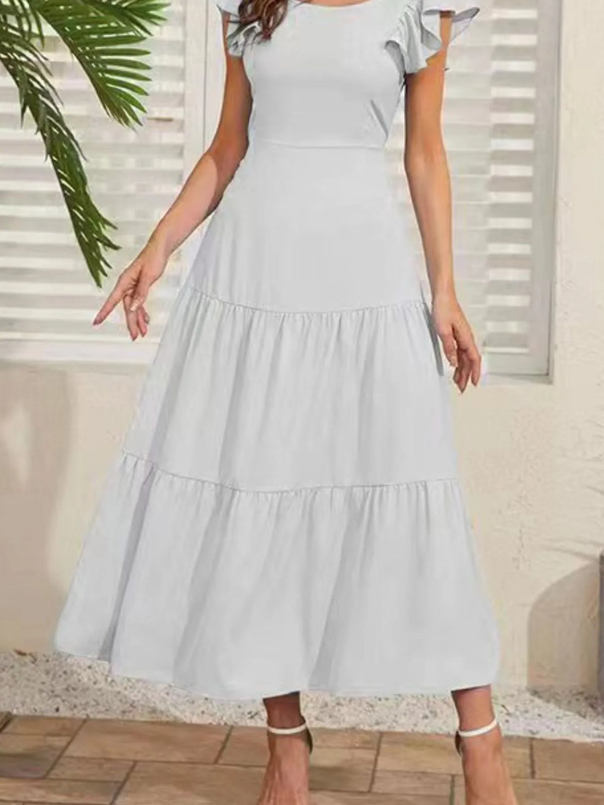 Flutter Sleeve Backless Tiered Midi Dress by Elaine