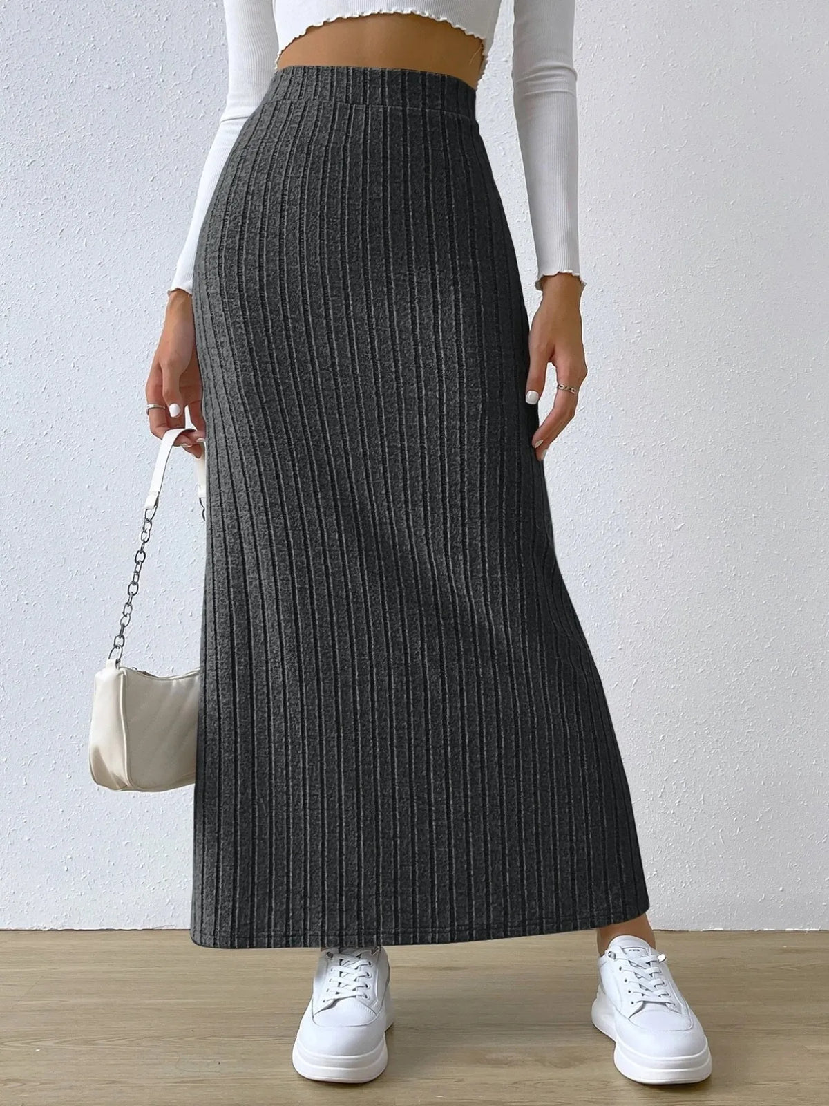 High-Waisted Ribbed Knit Maxi Skirt