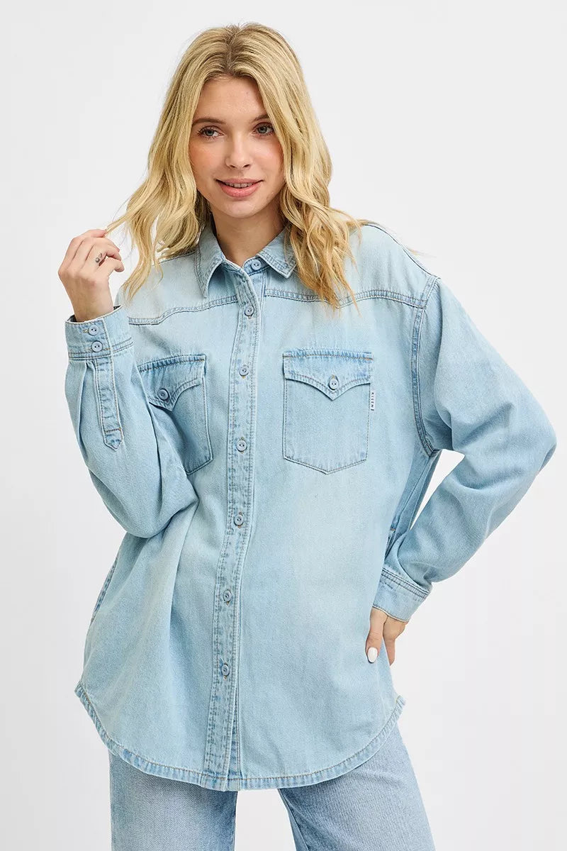 Risen Western Yoke Relaxed Fit Denim Shirt in Light