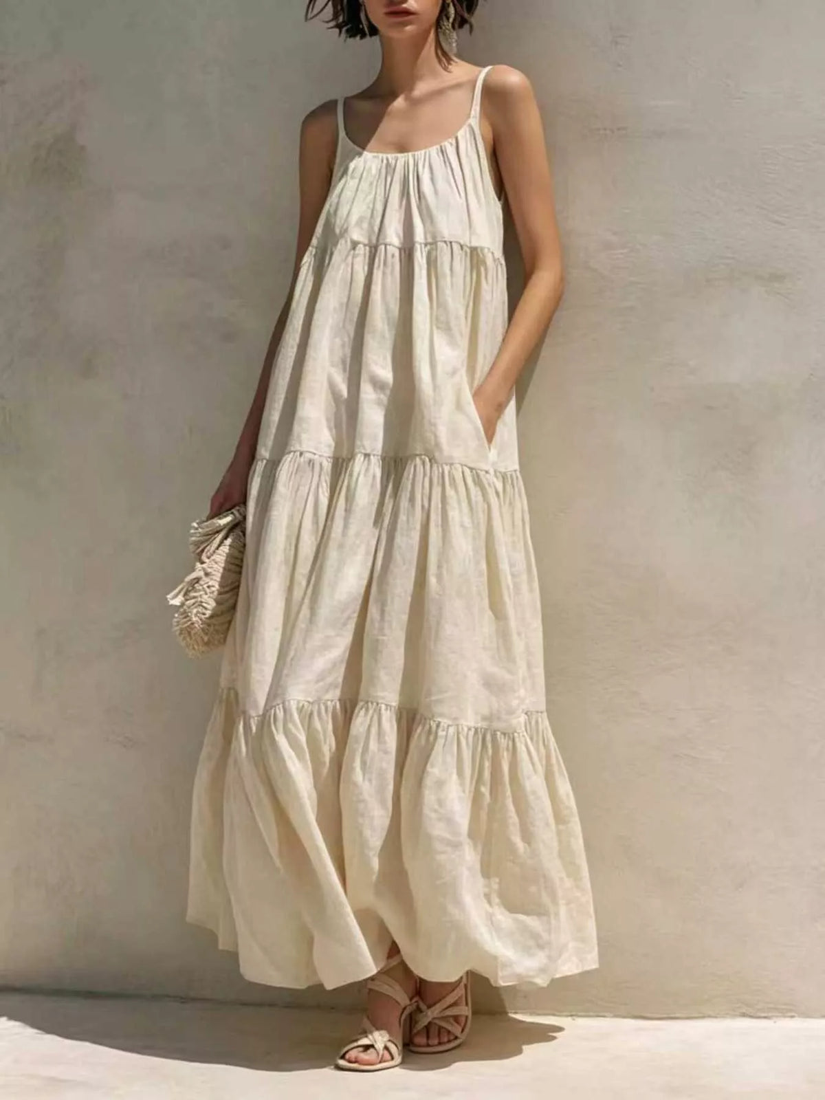 Tiered Scoop Neck Maxi Dress with Pockets