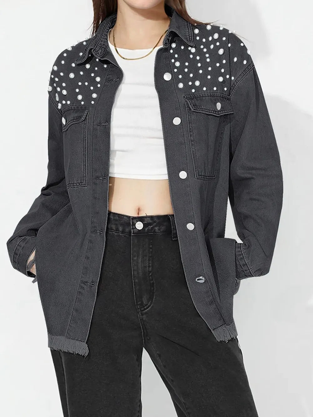Pearl Trim Collared Denim Top