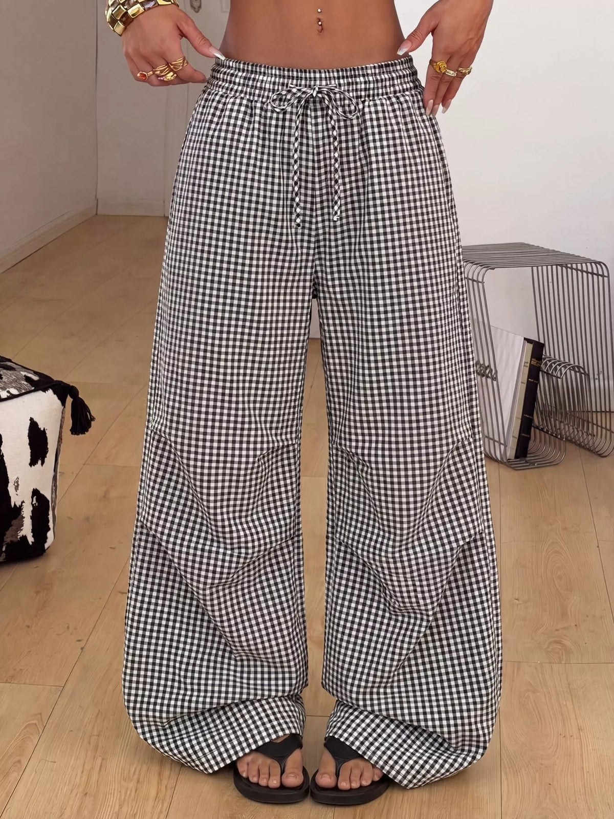 High-Waisted Gingham Drawstring Wide-Leg Pants