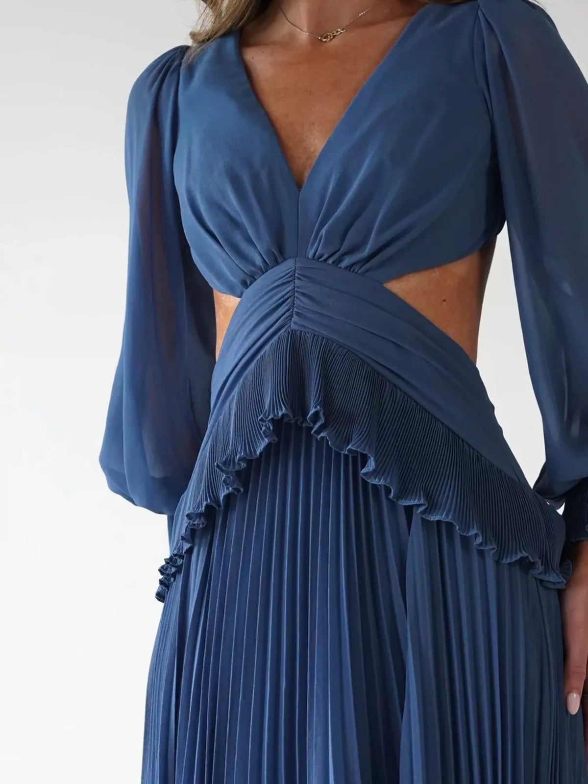 Backless Pleated Maxi Dress in Blue
