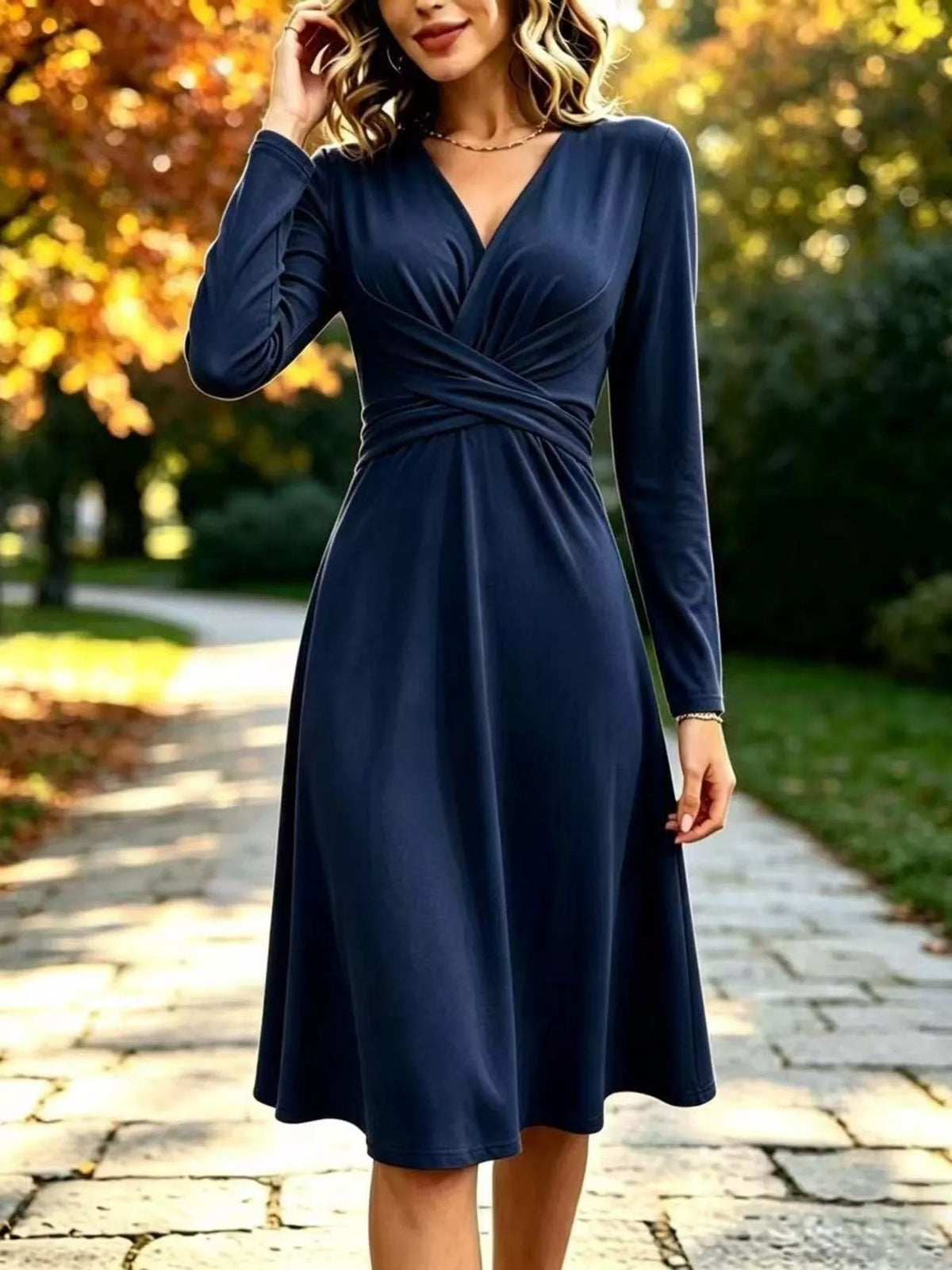 Ruched Long-Sleeve Midi Dress
