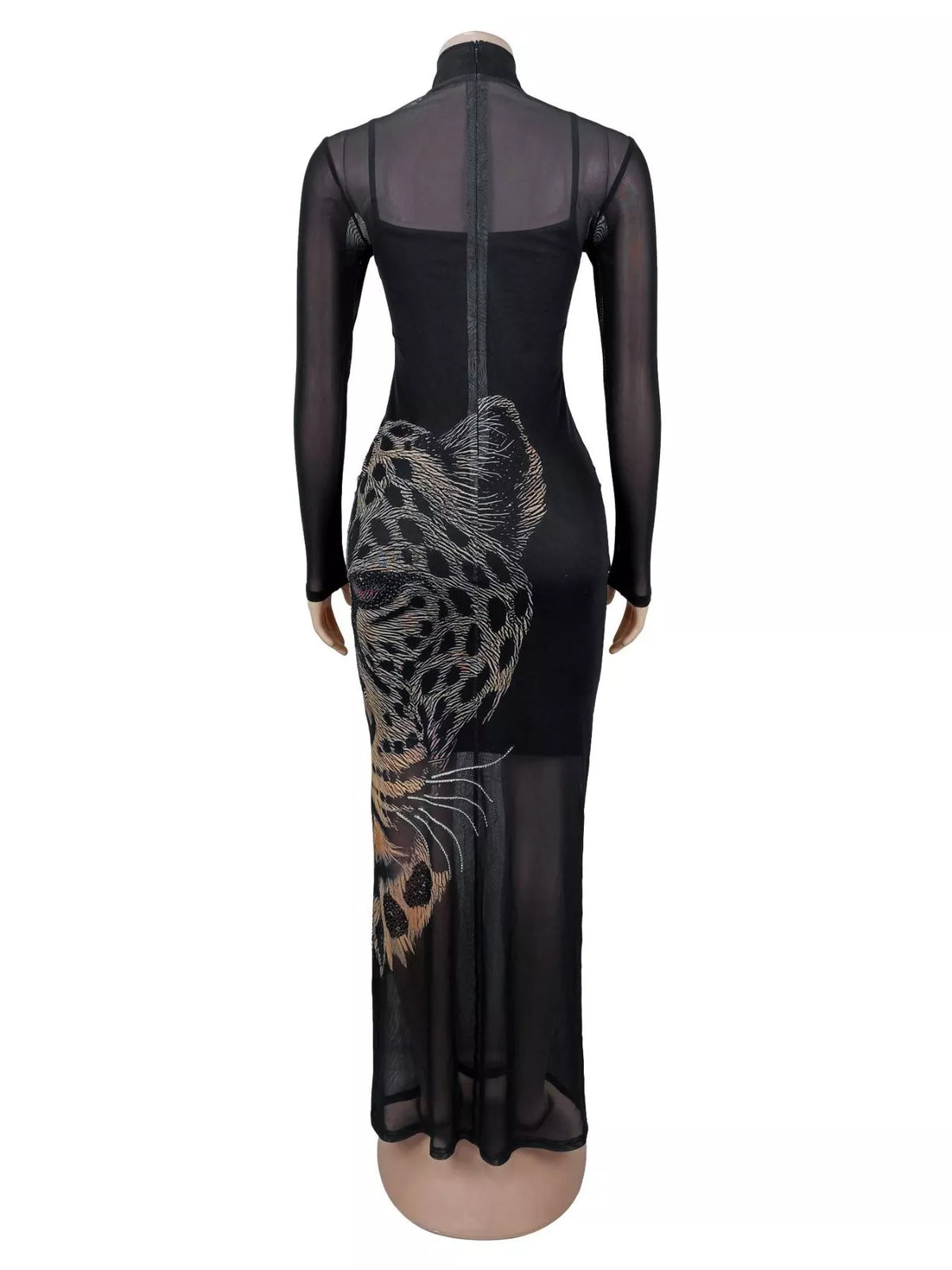 Leopard Print Mesh Maxi Dress in Black