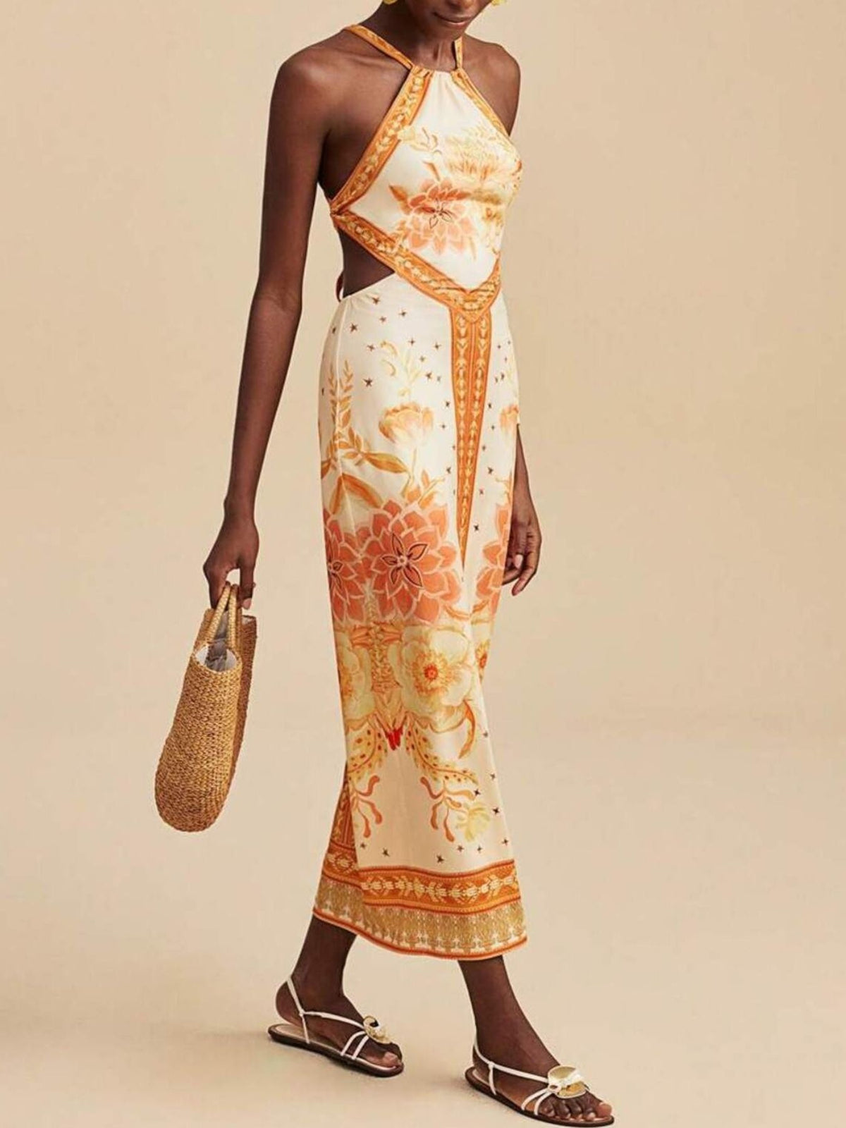 Floral Print Halter Neck Maxi Dress in Yellow