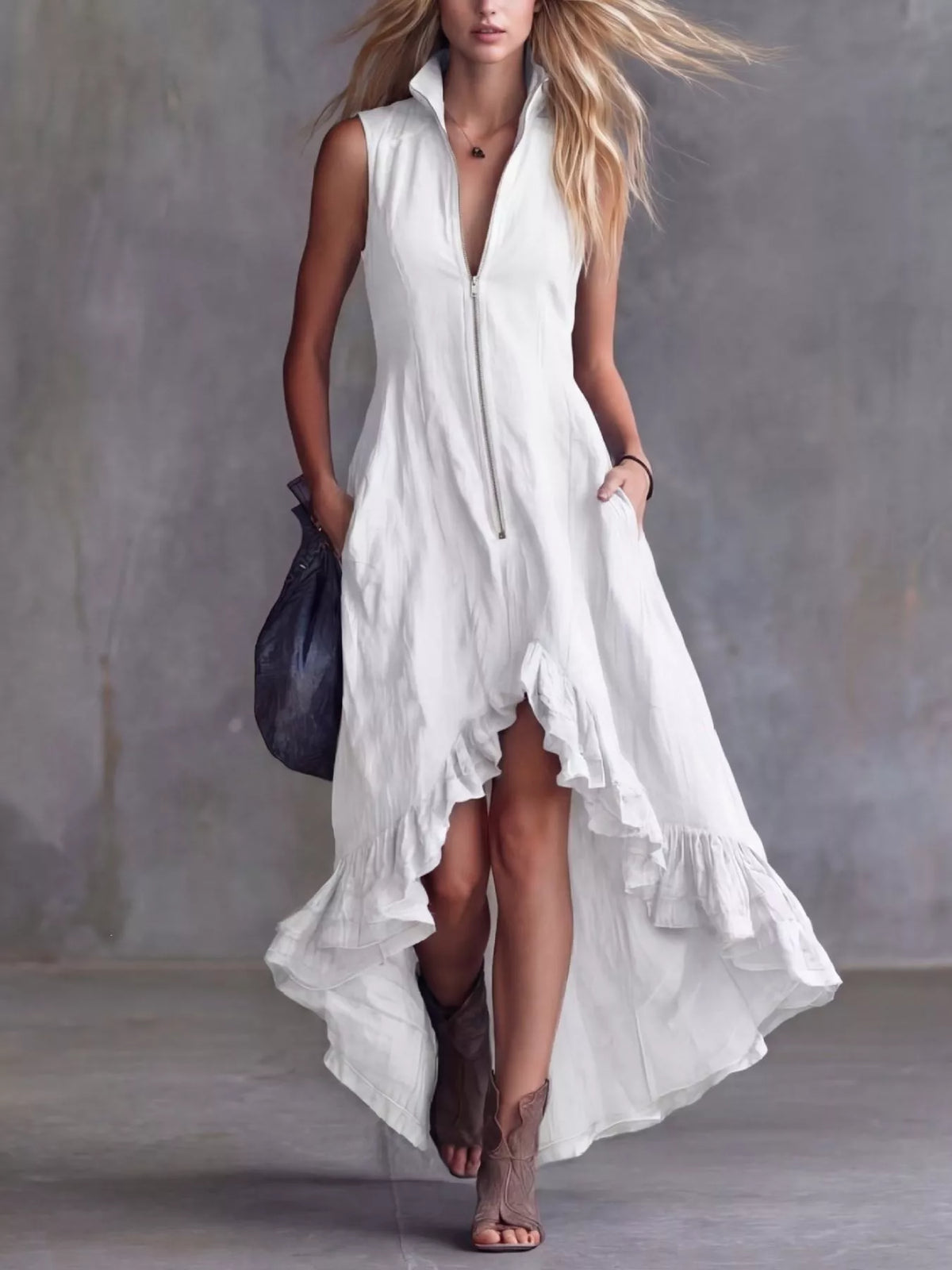 High-Low Ruffled Zip Front Dress