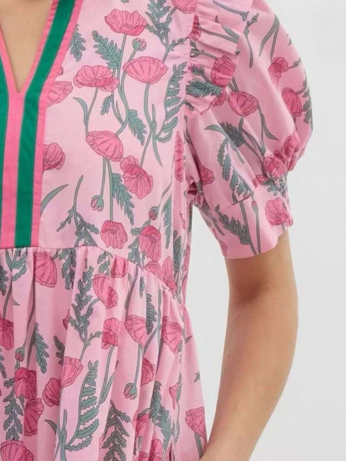 Floral Puff-Sleeve Midi Dress in Pink by Rosaline