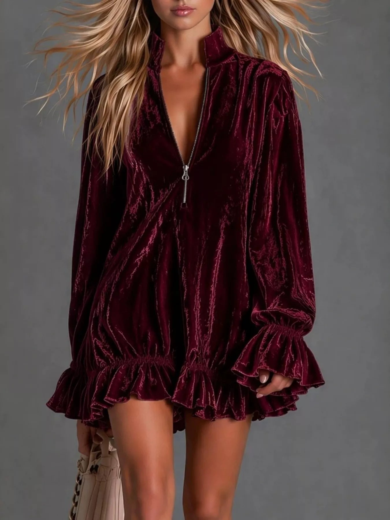 Zip-Front Ruffle-Hem Mini Dress