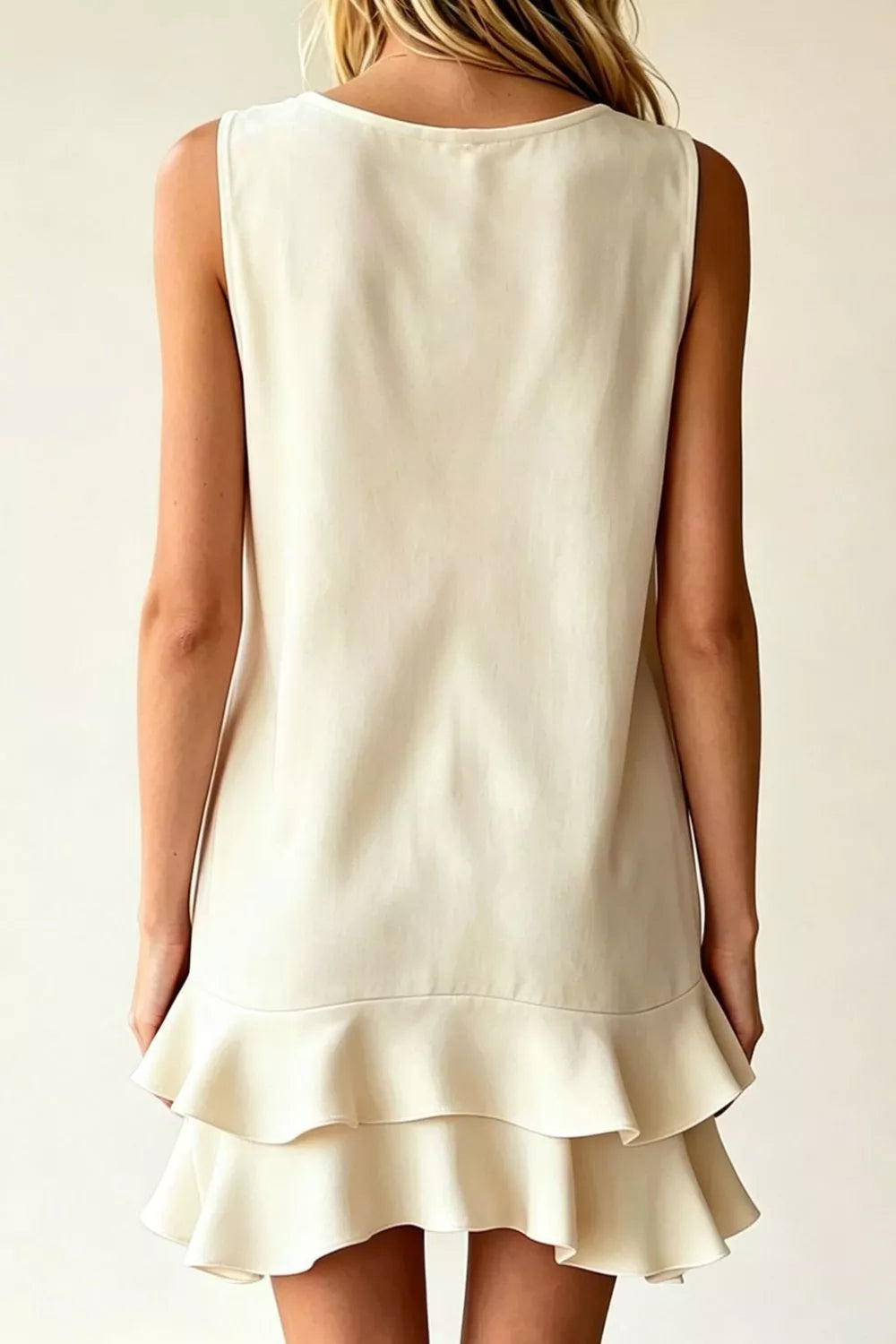 Sleeveless V-Neck Ruffle Hem Mini Dress in Beige