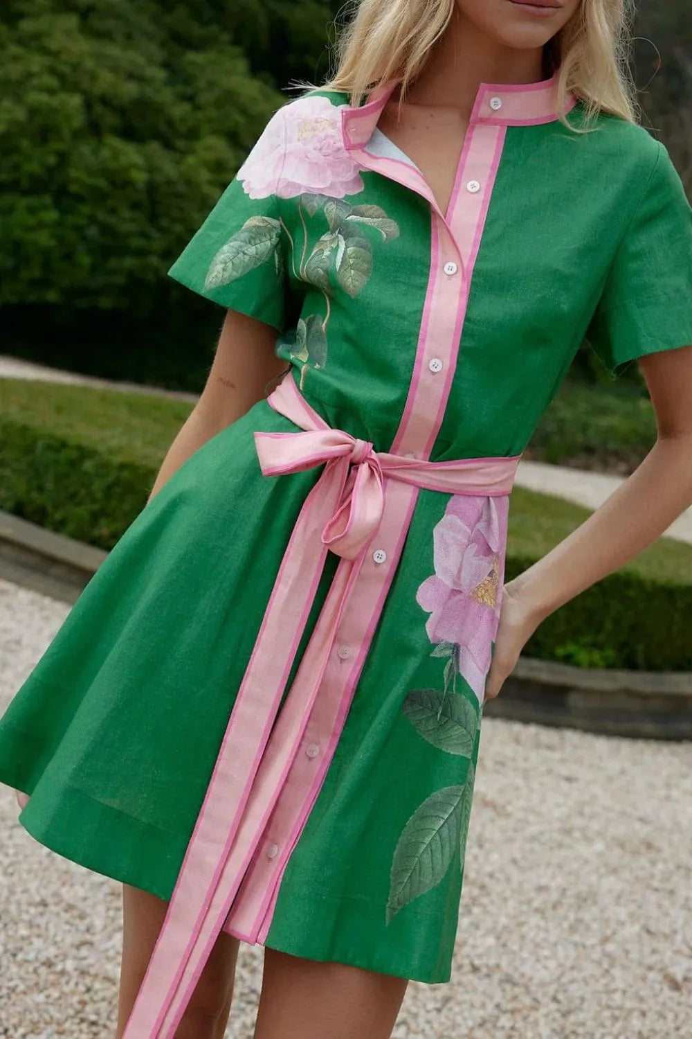 Printed Button-Front Tie Waist Dress