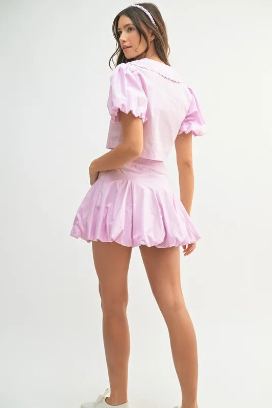 Puff Sleeve Button-Down Top and Bubble Skirt Set in Lavender