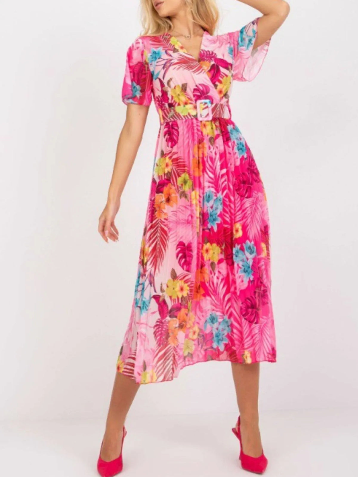 Printed Pleated Midi Wrap Dress