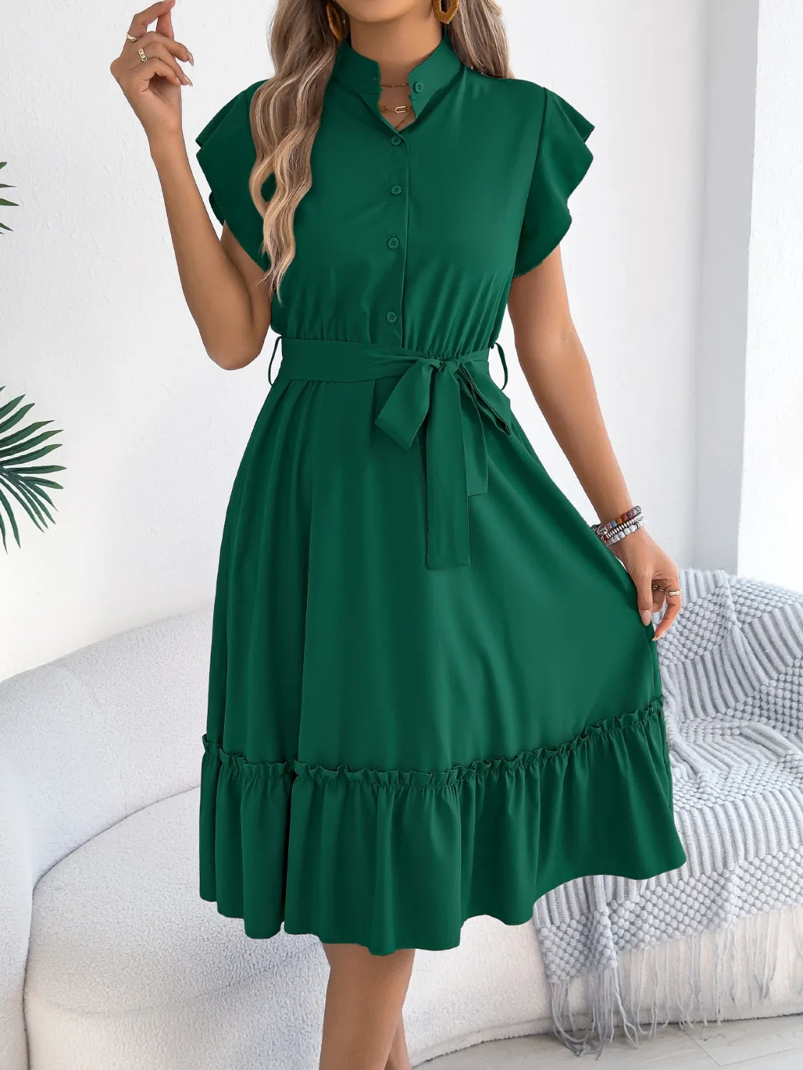 Tie-Waist Ruffled Cap Sleeve Dress
