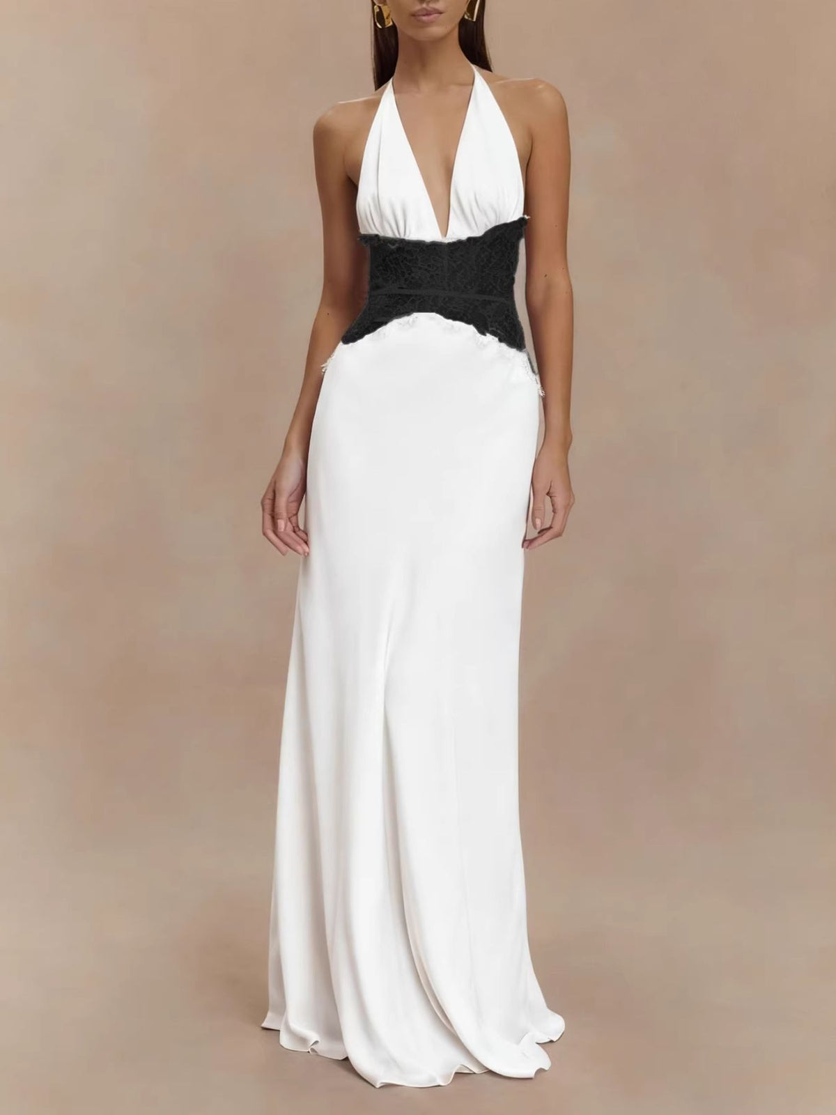 Halter Neck Lace-Trimmed Maxi Dress by Mystique Q