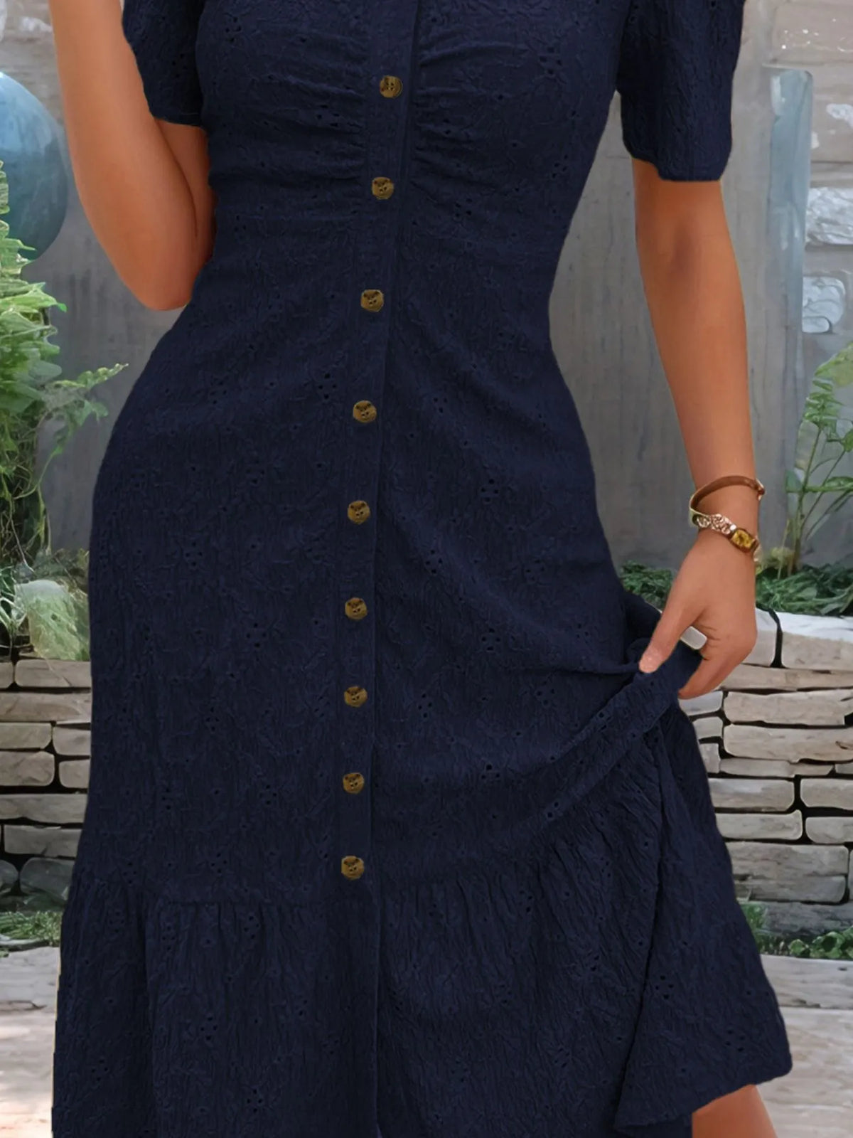 Eyelet Button Front V-Neck Midi Dress