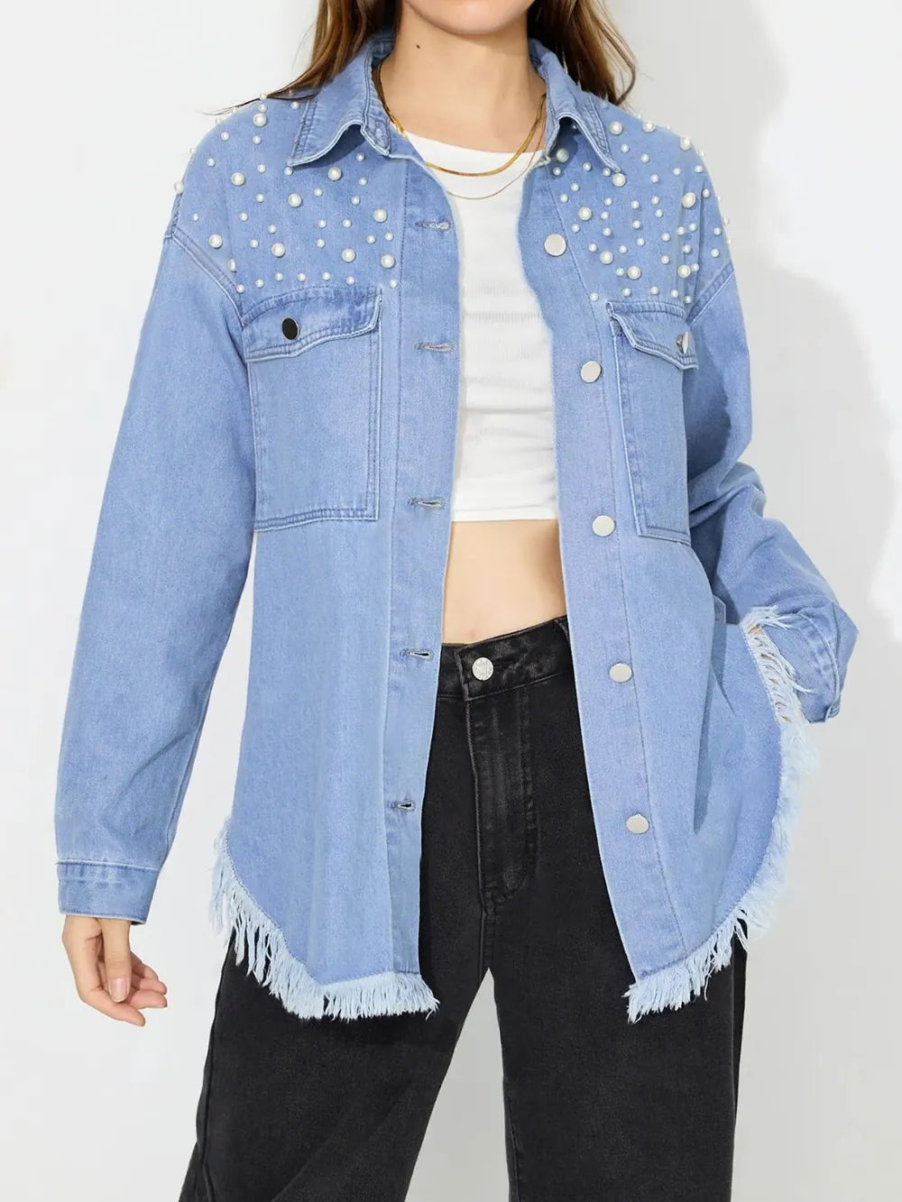 Pearl Trim Collared Denim Top