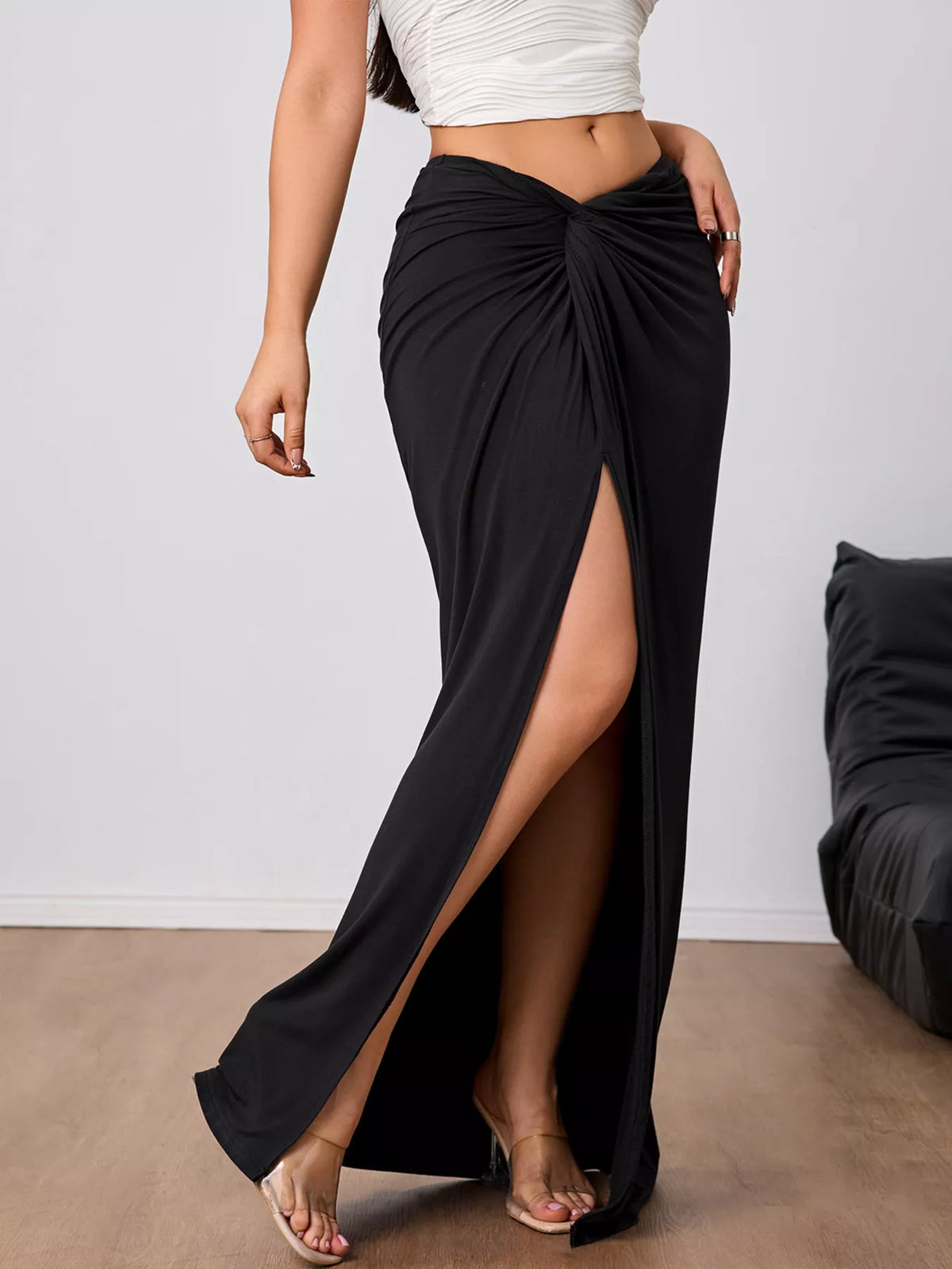 Twist-Front Bodycon Maxi Skirt in Black
