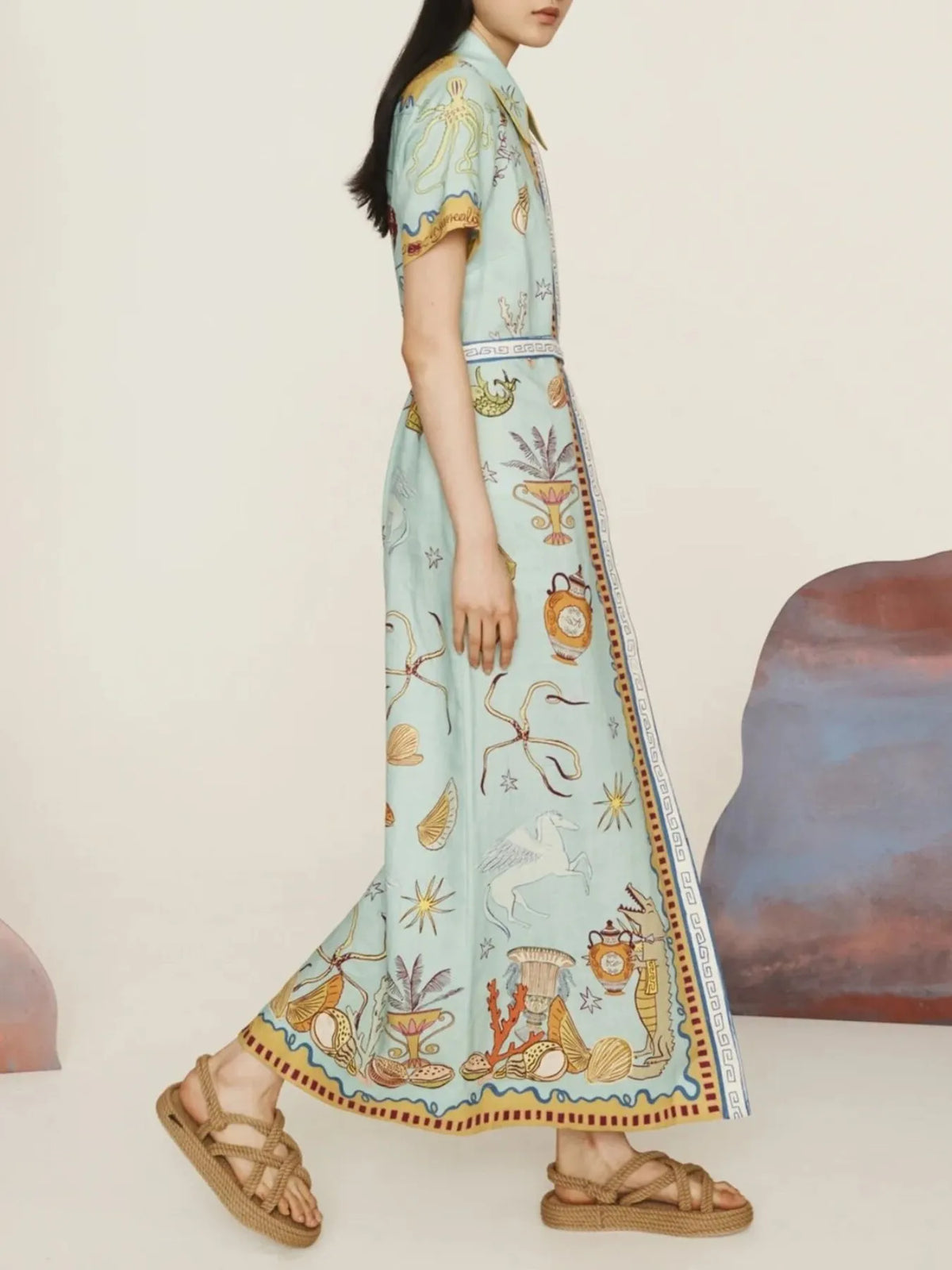 Multicolor Short Sleeve Maxi Shirt Dress