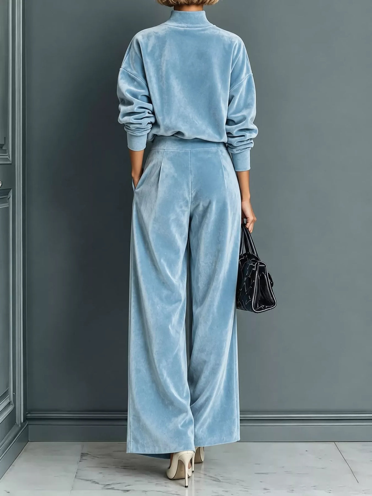 Velvet Mock Neck Top and Wide-Leg Pants Set