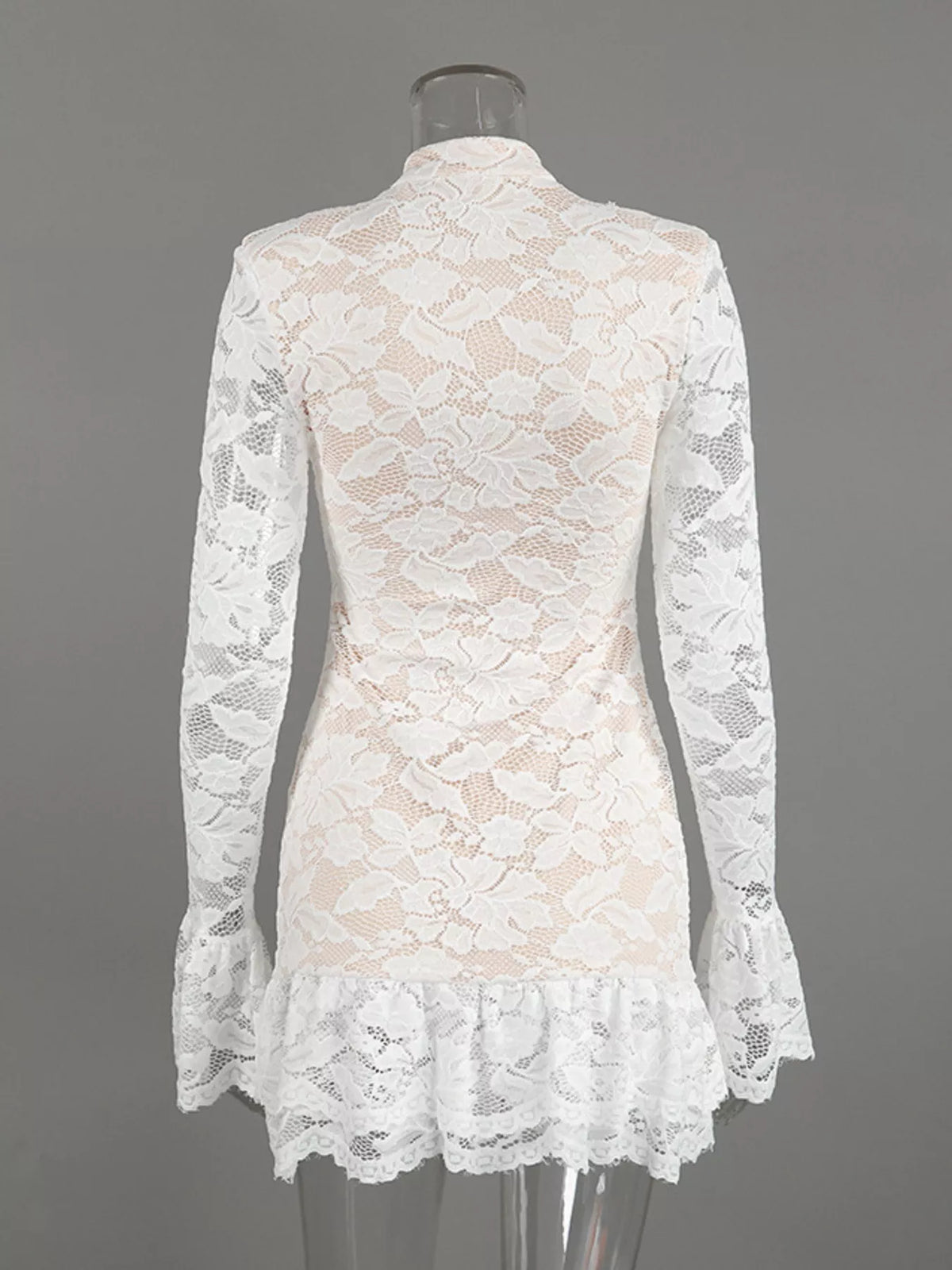 Lace Long-Sleeve Ruched Mini Dress in White