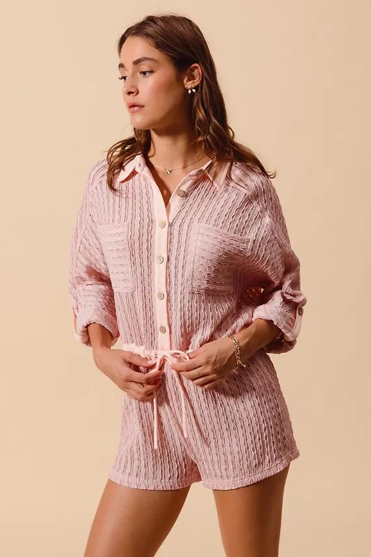 So Me Textured Knit Button Front Romper in Dusty Pink