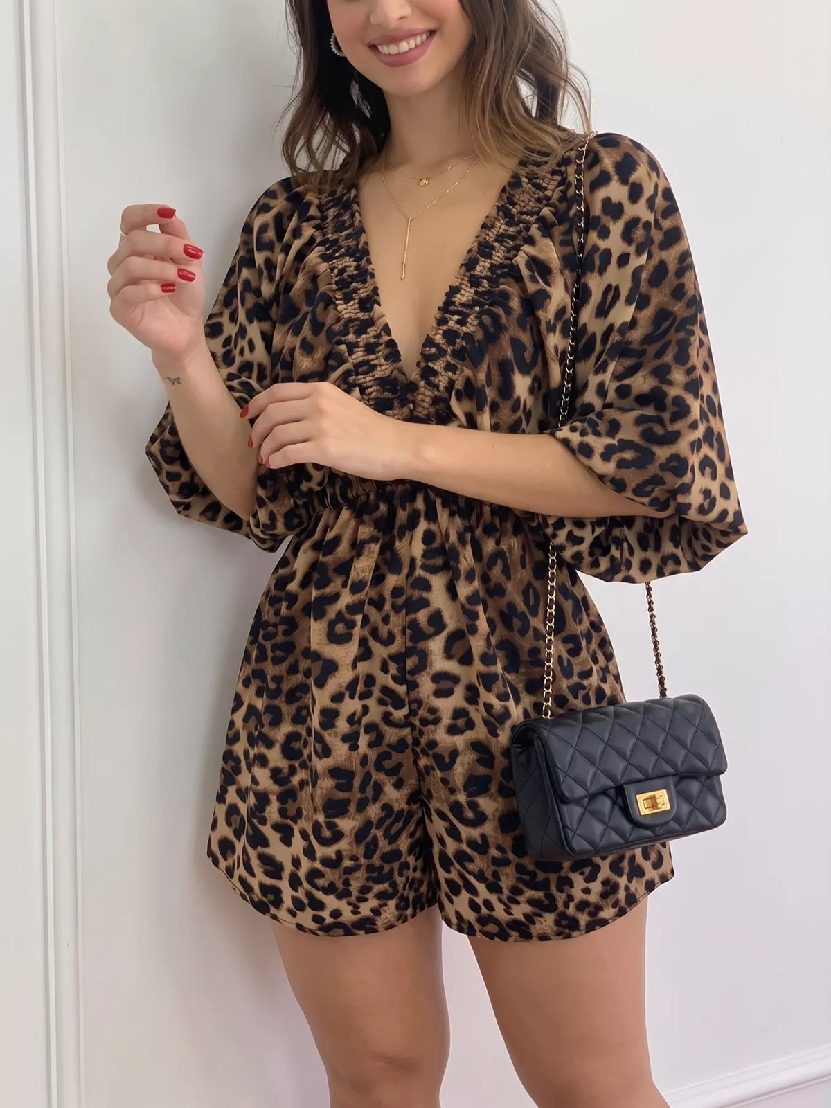 Leopard Print V-Neck Puff Sleeve Romper