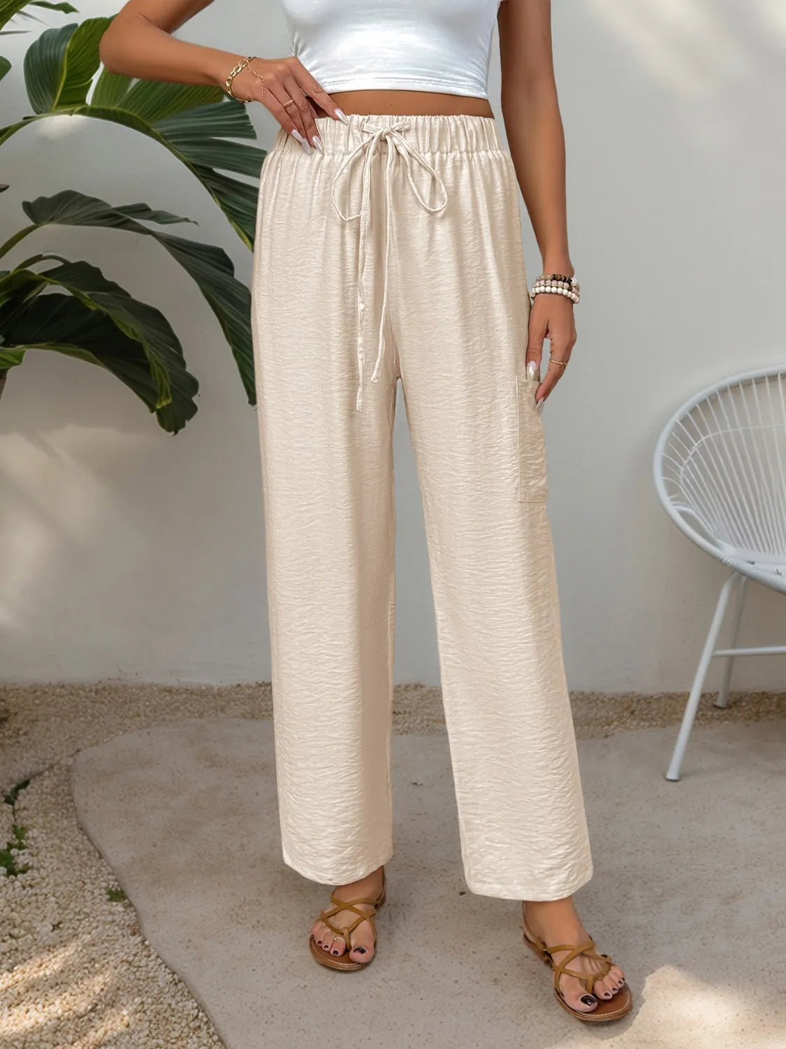 Drawstring Wide Leg Pants in Tan