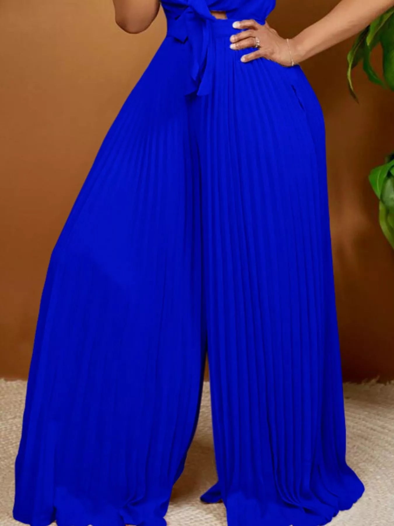 Tie-Front Pleated Wide Leg Jumpsuit