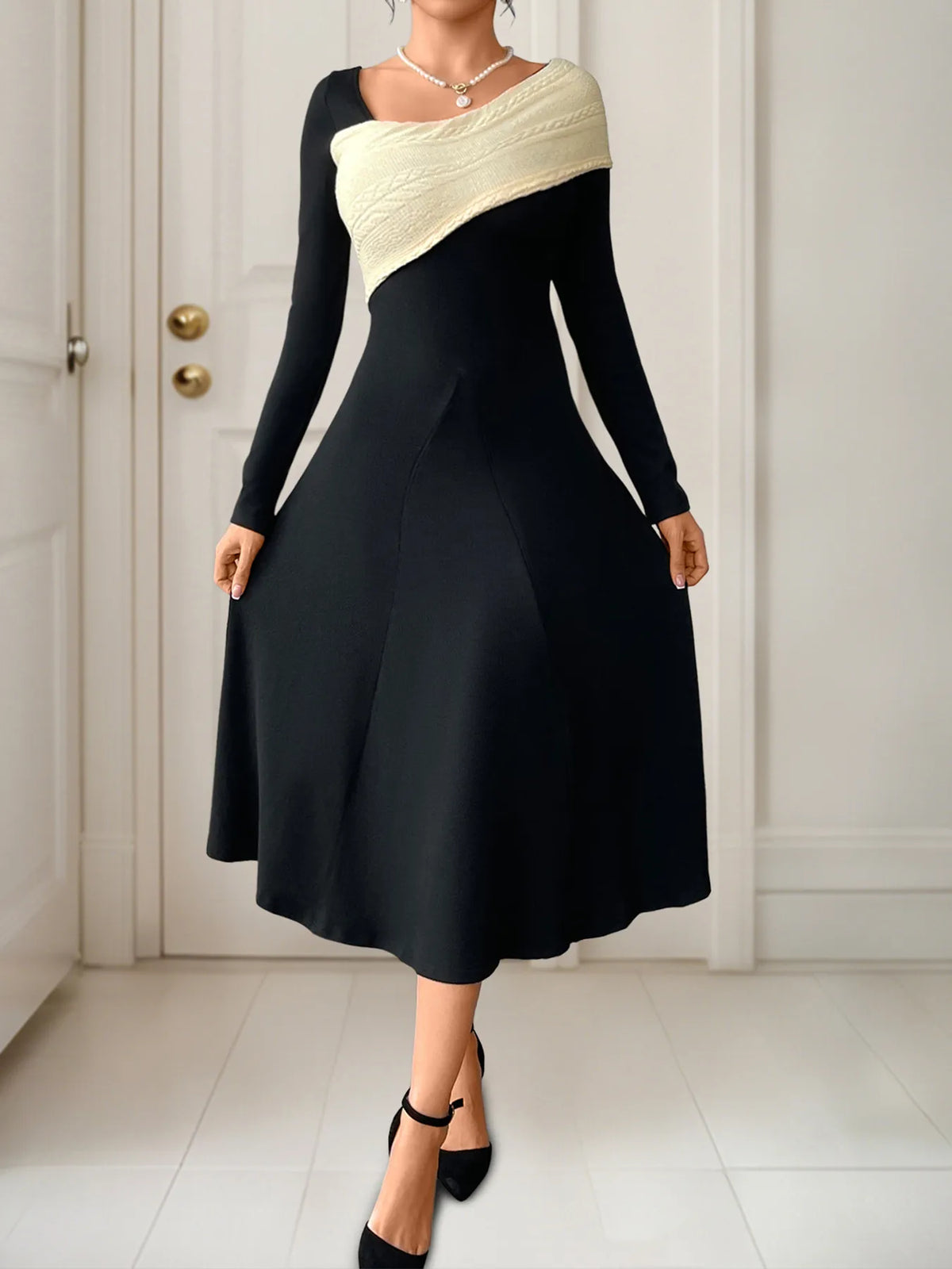 Asymmetrical Contrast Long Sleeve Dress in Black