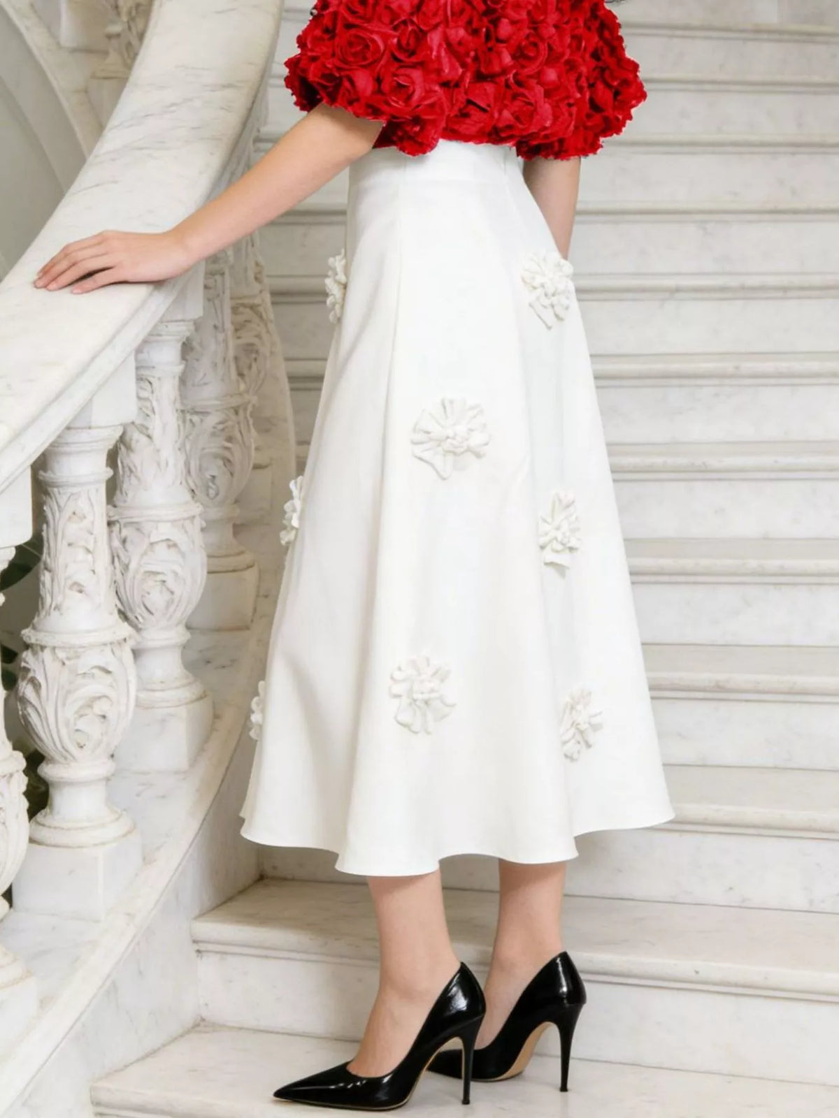 Floral Embellished Midi Skirt in White