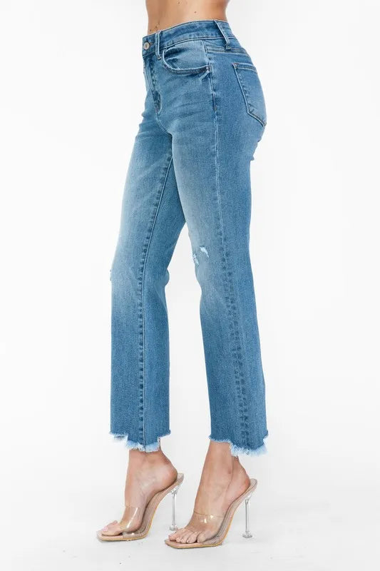 Raw Hem Distressed Mid Rise Crop Jeans in Medium Wash
