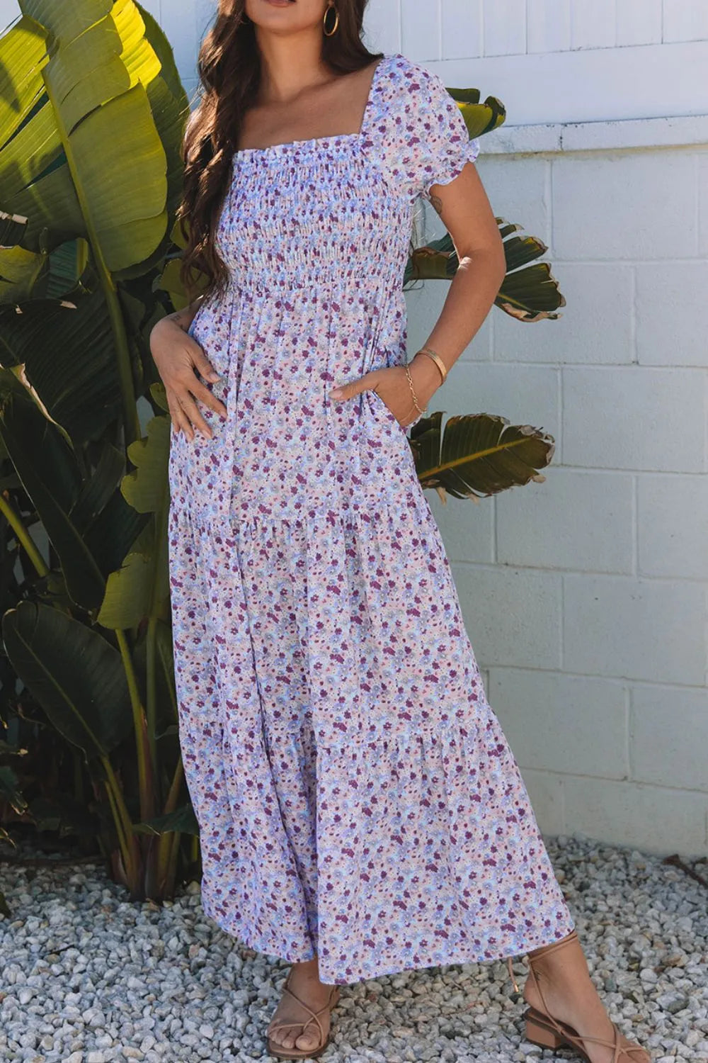 Smocked Tiered Floral Maxi Dress in Lavender