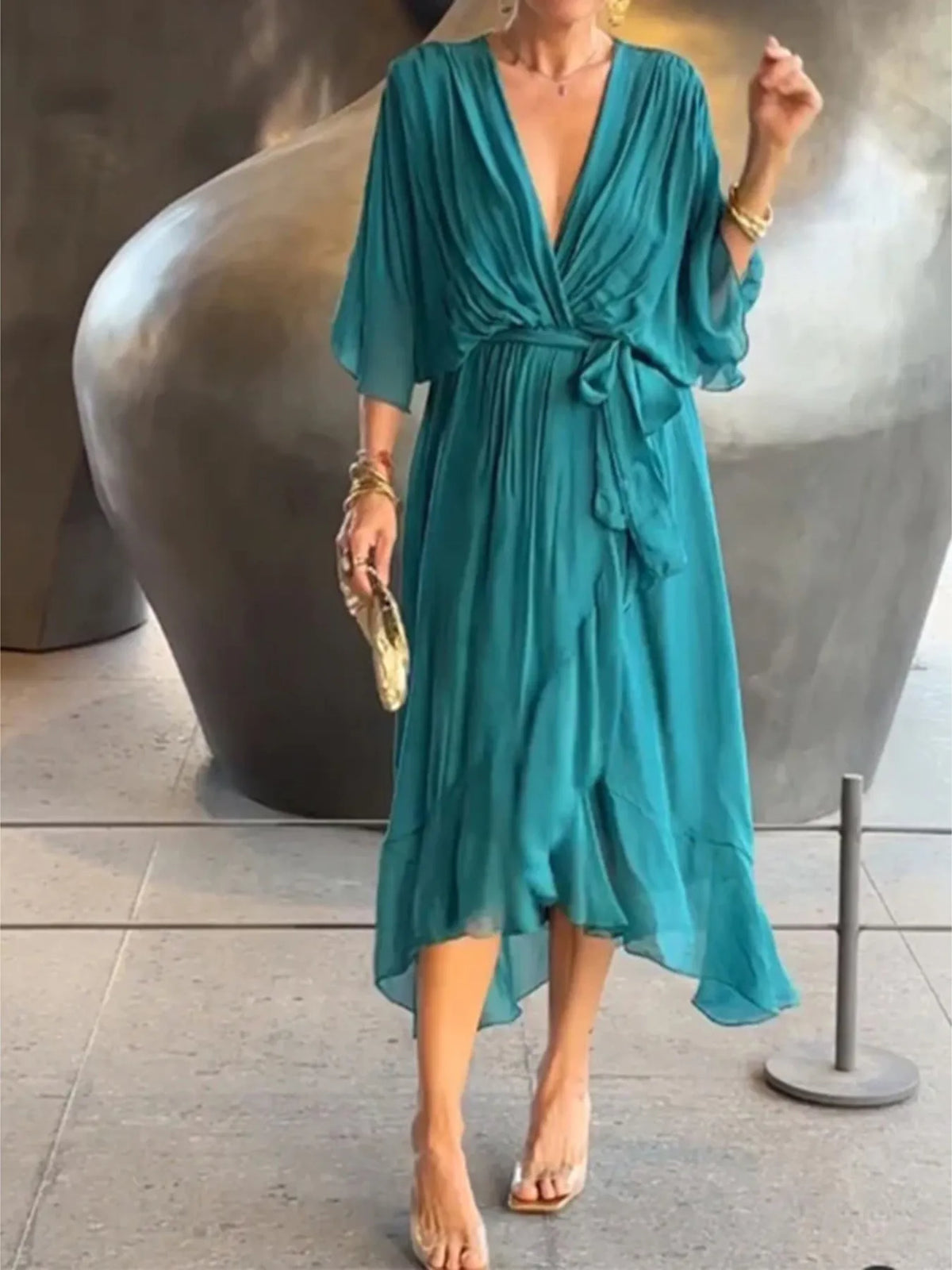 Flowy Tie-Front Midi Dress with Flutter Sleeves