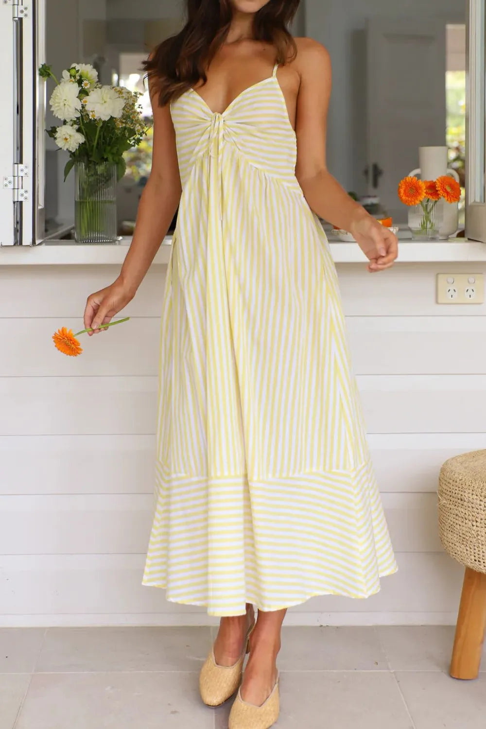 Striped Smocked-Back Midi Dress